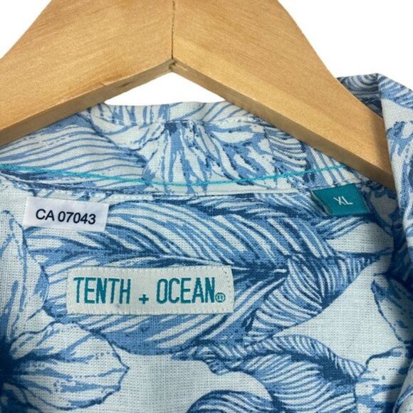 TENTH + Ocean Men's Blue White Floral Linen Blend Button Up Shirt  US XL - Picture 4 of 6